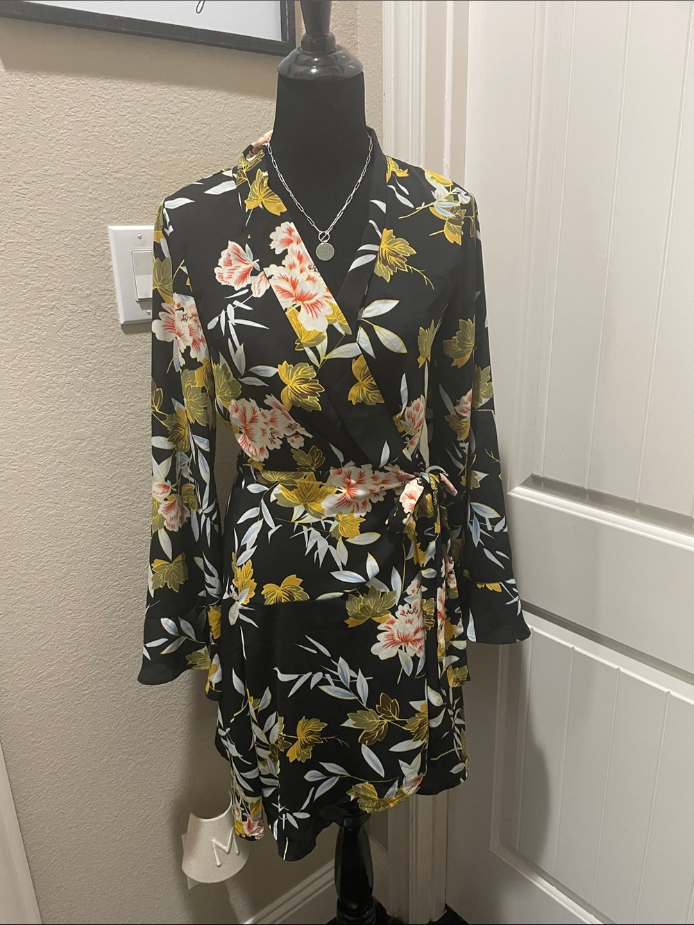 Black Floral Wrap Dress with Yellow & Pink Blooms